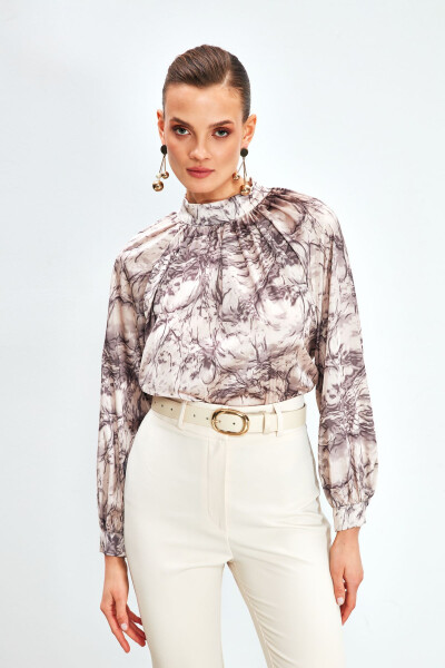 Collared Printed Blouse - BEIGE - 5