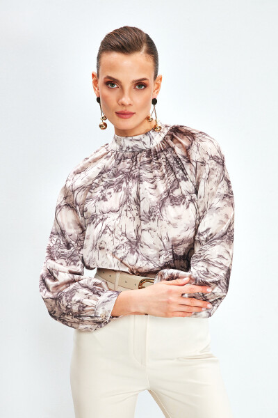 Collared Printed Blouse - BEIGE - 9