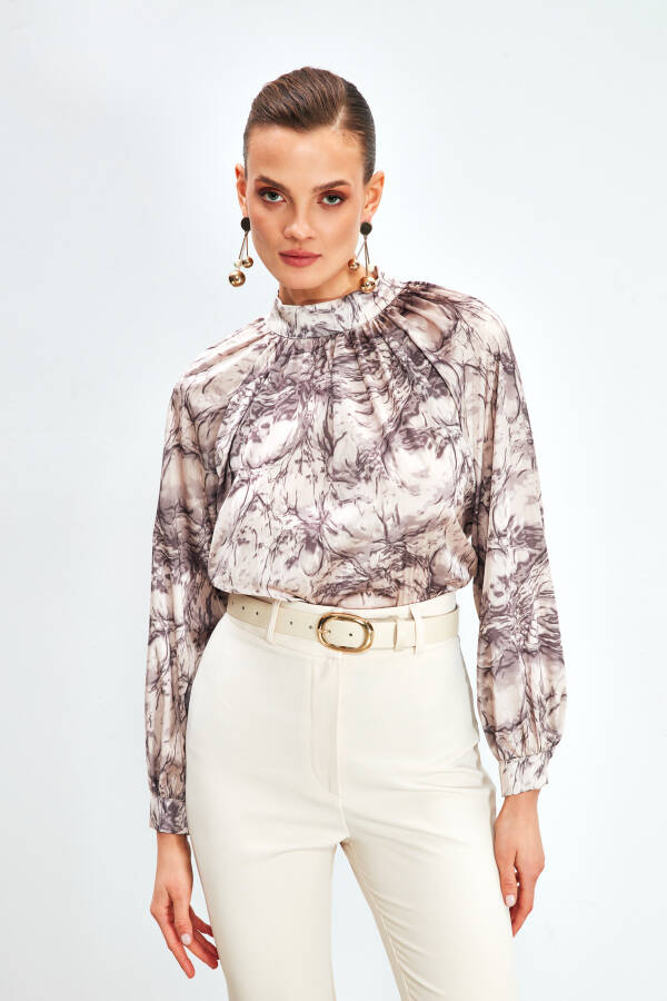 Collared Printed Blouse - BEIGE - 11