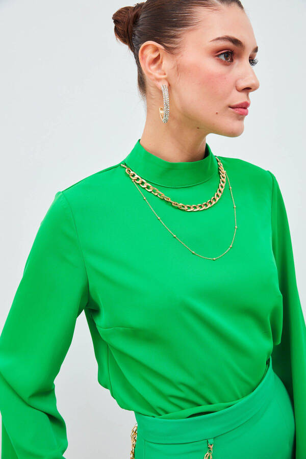 Collared Spanish Sleeve Blouse - Green - 2