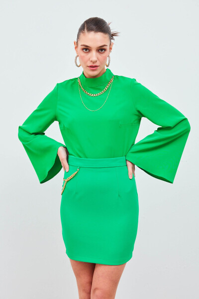 Collared Spanish Sleeve Blouse - Green - 3