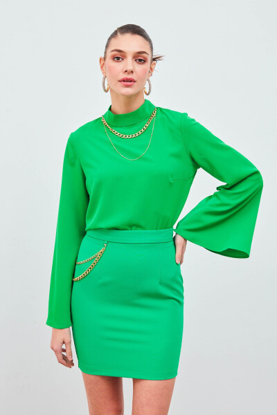 Collared Spanish Sleeve Blouse - Green - 4