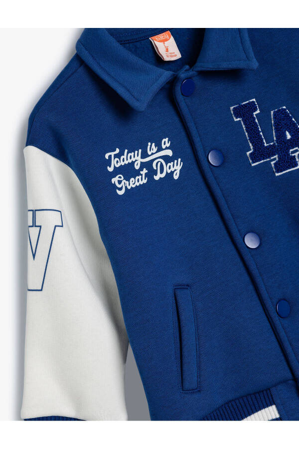 College jacket with color block pockets, snap closure and polo collar. - 6