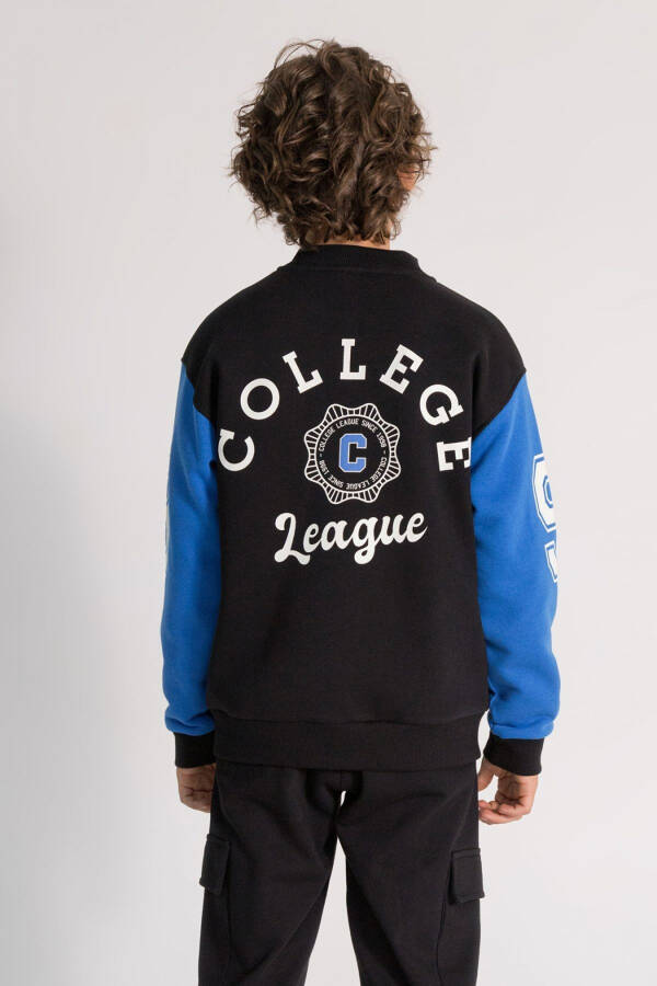 Color Block Front and Back Printed Bomber Collar Winter Thick Boys Oversize College Cardigan - 9