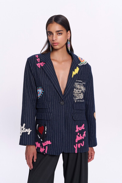 Colored Embroidered Cashmere Blazer Jacket Navy - 6