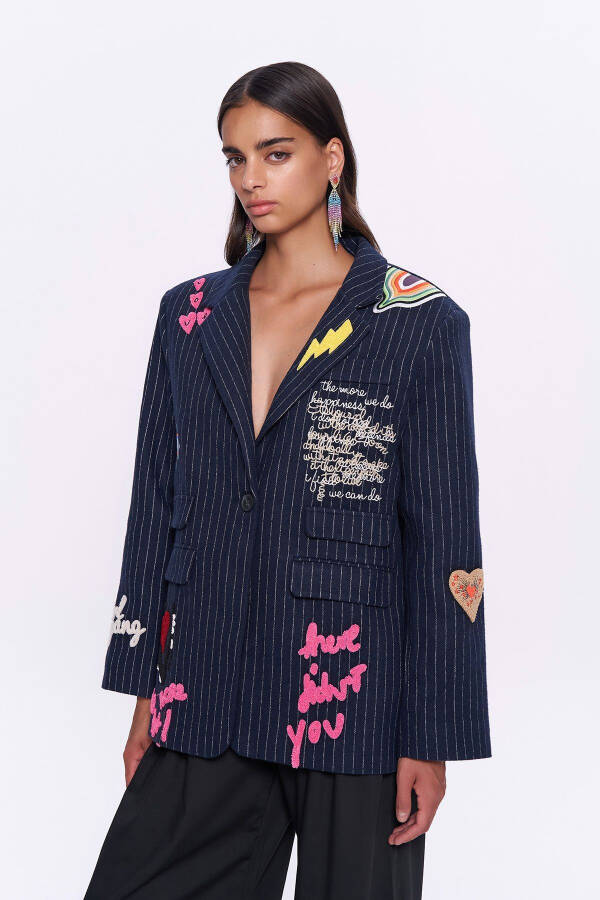 Colored Embroidered Cashmere Blazer Jacket Navy - 8