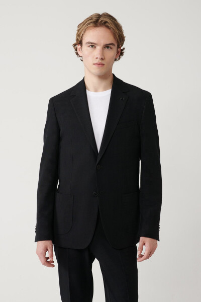 Comfortable, slim fit, black, mono collar, slit, unlined, stretch fabric men's jacket. - 3