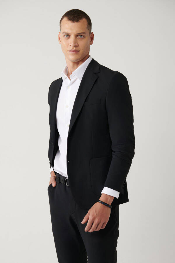 Comfortable, slim fit, black, water repellent, mono collar, unlined, bi stretch fabric jacket. - 7