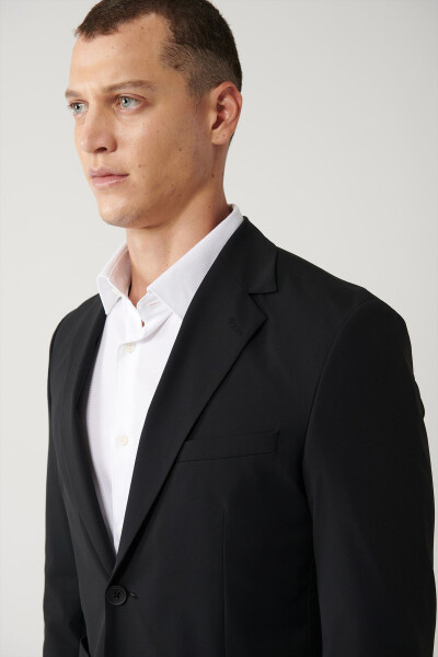 Comfortable, slim fit, black, water repellent, mono collar, unlined, bi stretch fabric jacket. - 8