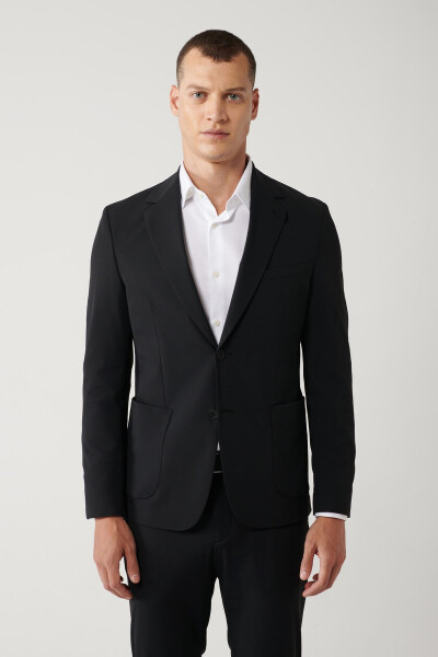 Comfortable, slim fit, black, water repellent, mono collar, unlined, bi stretch fabric jacket. - 9