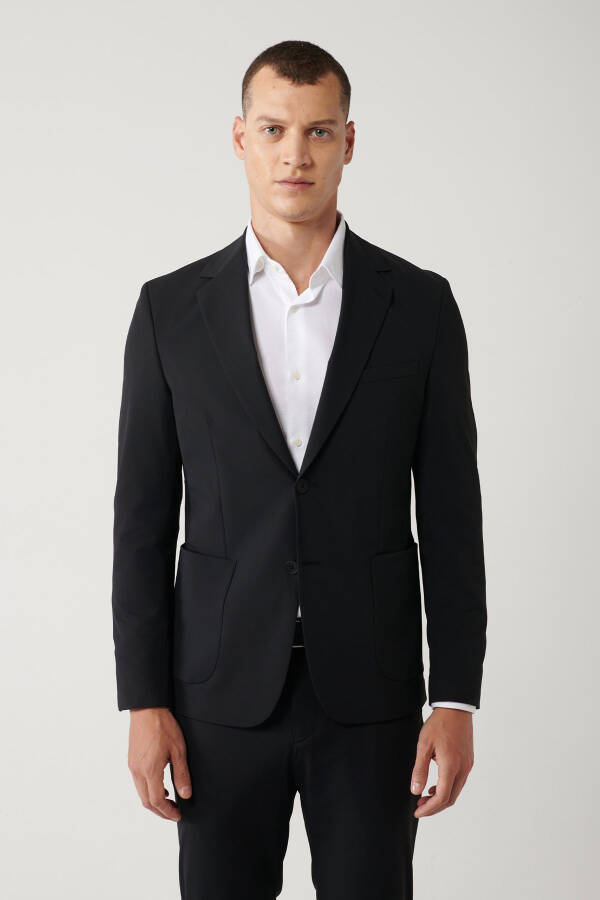 Comfortable, slim fit, black, water repellent, mono collar, unlined, bi stretch fabric jacket. - 9