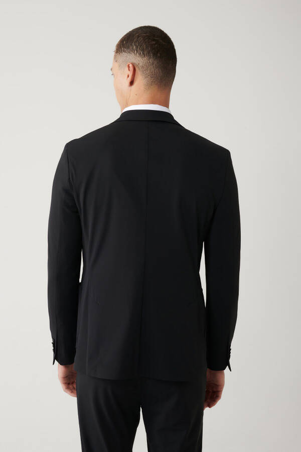 Comfortable, slim fit, black, water repellent, mono collar, unlined, bi stretch fabric jacket. - 10