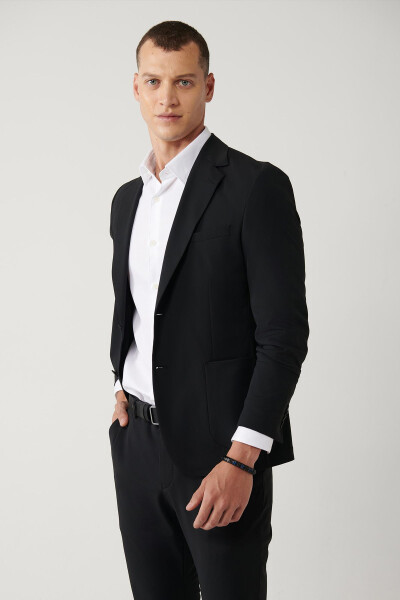 Comfortable, slim fit, black, water repellent, mono collar, unlined, bi stretch fabric jacket. - 1