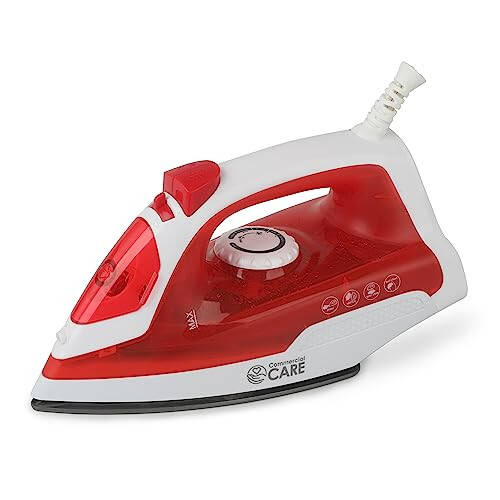 COMMERCIAL CARE Steam Iron, 1200 Watt Portable Iron, Self-Cleaning Steamer for Clothes with Nonstick Soleplate, Red - 1