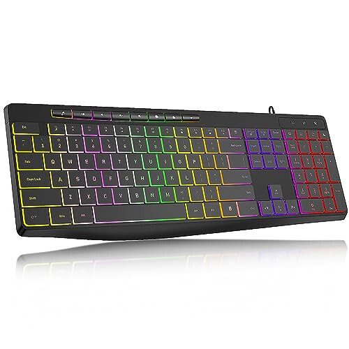 Computer Keyboard Wired, 7-Color Rainbow LED Backlit, Quiet Light Up Keyboard with Multimedia Keys, Low Profile Chiclet Keys, Large Number Pad, Spill-Resistant, Anti-Wear Letters for Windows Mac PC Laptop - 1