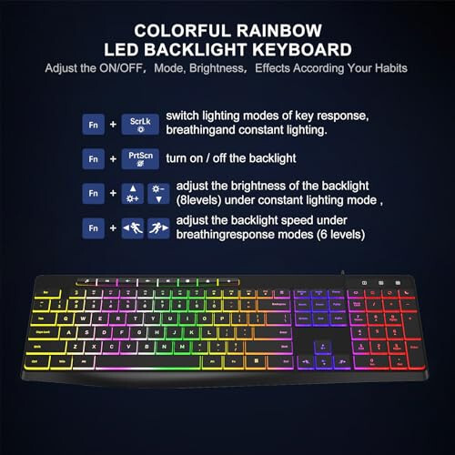 Computer Keyboard Wired, 7-Color Rainbow LED Backlit, Quiet Light Up Keyboard with Multimedia Keys, Low Profile Chiclet Keys, Large Number Pad, Spill-Resistant, Anti-Wear Letters for Windows Mac PC Laptop - 2