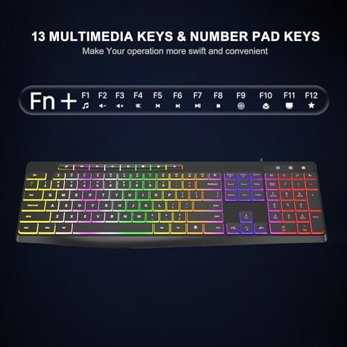 Computer Keyboard Wired, 7-Color Rainbow LED Backlit, Quiet Light Up Keyboard with Multimedia Keys, Low Profile Chiclet Keys, Large Number Pad, Spill-Resistant, Anti-Wear Letters for Windows Mac PC Laptop - 4