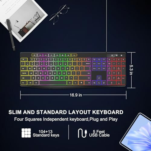 Computer Keyboard Wired, 7-Color Rainbow LED Backlit, Quiet Light Up Keyboard with Multimedia Keys, Low Profile Chiclet Keys, Large Number Pad, Spill-Resistant, Anti-Wear Letters for Windows Mac PC Laptop - 6