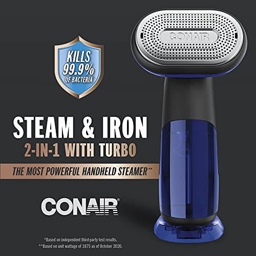 Conair 2-in-1 Handheld Steamer and Iron for Clothes, Turbo ExtremeSteam 1875W Garment Steamer and Clothing Iron, Black / Blue - 2