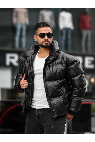 Concealable Hooded Men's Puffy Shiny Leather Jacket - 1