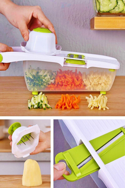 Container Vegetable Potato Slicer Chopper Grater Cutting Mandoline White Green Luxury Grater Set - 9