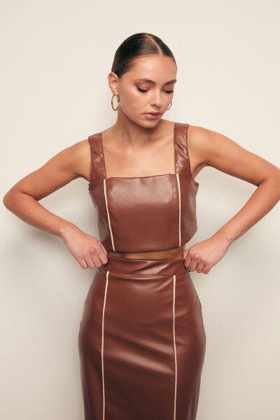 Contrast Leather Crop Blouse - Brown - 4