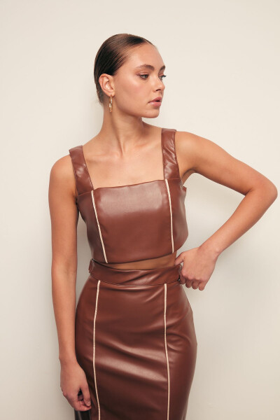 Contrast Leather Crop Blouse - Brown - 5