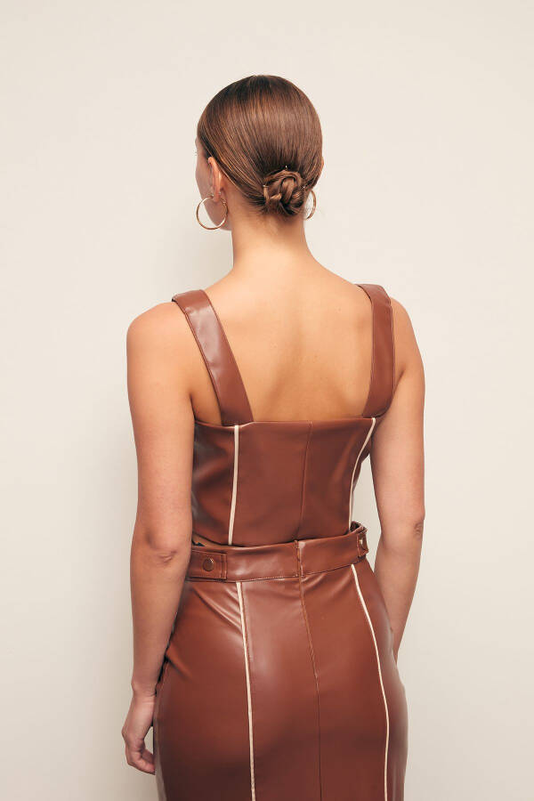 Contrast Leather Crop Blouse - Brown - 6