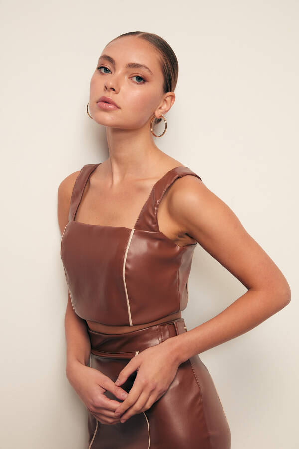 Contrast Leather Crop Blouse - Brown - 8