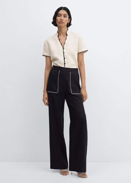 Contrast Waistband Linen Pants - 4