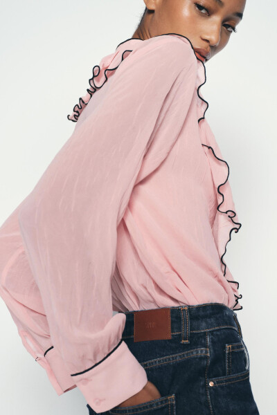 Contrast Yoke Frill Blouse Ecru Pink - 2