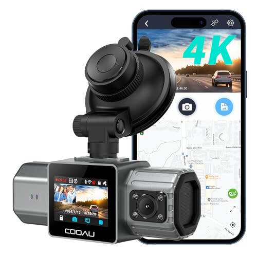 COOAU 4K Çift Dash Cam, Dahili GPS Wi-Fi, 2.5K+1080P Ön ve İç Kızılötesi Gece Görüşüyle Dash Cam, Park Modlu Dash Kamera, Döngülü Kayıt, Maksimum 256GB Destek - 1