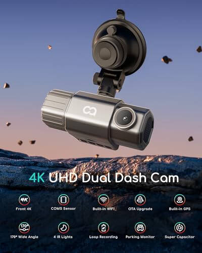 COOAU 4K Çift Dash Cam, Dahili GPS Wi-Fi, 2.5K+1080P Ön ve İç Kızılötesi Gece Görüşüyle Dash Cam, Park Modlu Dash Kamera, Döngülü Kayıt, Maksimum 256GB Destek - 2