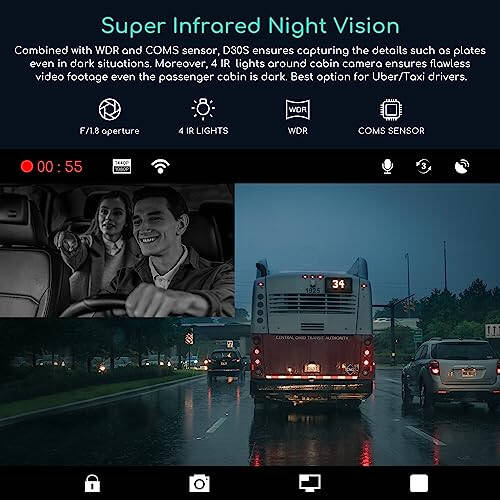 COOAU D30S 4K Dash Cam GPS Wi-Fi ile, Ön ve İç Çift 2.5K 1080P, Uber Araba Kamerası Kızılötesi Gece Görüşü ile, Süper Kapasitör, 4 IR LED, G-Sensör, Park Modu, Döngü Kaydı - 4
