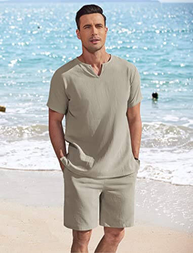 COOFANDY Men's 2 Pieces Short Sets Cotton Linen Shirts Short Sleeve Casual Beach Shorts Summer Yoga Outfits - 2