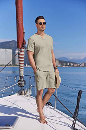 COOFANDY Men's 2 Pieces Short Sets Cotton Linen Shirts Short Sleeve Casual Beach Shorts Summer Yoga Outfits - 3