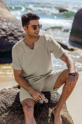 COOFANDY Men's 2 Pieces Short Sets Cotton Linen Shirts Short Sleeve Casual Beach Shorts Summer Yoga Outfits - 4