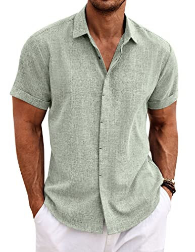 COOFANDY Men's Linen Shirts Short Sleeve Casual Shirts Button Down Shirt for Men Beach Summer Wedding Shirt - 2