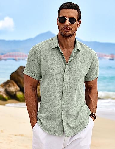 COOFANDY Men's Linen Shirts Short Sleeve Casual Shirts Button Down Shirt for Men Beach Summer Wedding Shirt - 3