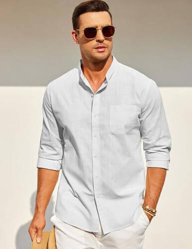 COOFANDY Men's Long Sleeve Cotton Linen Shirt Beach Button Down Shirts Casual Button Up Shirt Summer Yoga Tops with Pocket - 3