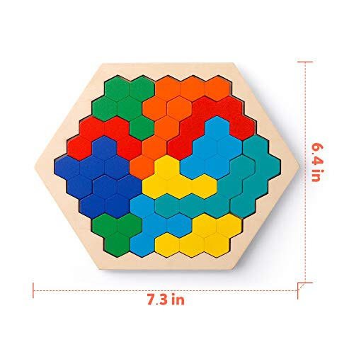 Coogam Ahşap Altıgen Bulmaca Çocuklar ve Yetişkinler İçin - Şekil Desen Bloğu Tangram Beyin Teasers Oyunu Geometri Mantık IQ Oyunu STEM Montessori Eğitici Hediye Her Yaş İçin Zorluk - 6