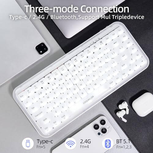 CoolKiller Balloon 84 Low Profile Mechanical Keyboard, Customized Backlight Hot Swappable Keyboard with BT5.1/2.4G/USB-C Wireless Gaming Gasket Structure for Windows/Mac (White, Tactile Switches) - 2