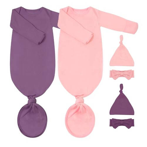 COOZYNANA 2Pack Newborn Baby Knotted Gown, Super Soft Modal Infant Long Sleeve Sleeper with Hat and Headband Set - 43