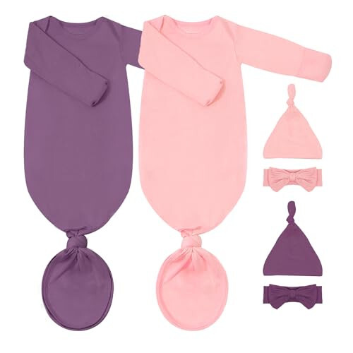 COOZYNANA 2Pack Newborn Baby Knotted Gown, Super Soft Modal Infant Long Sleeve Sleeper with Hat and Headband Set - 22