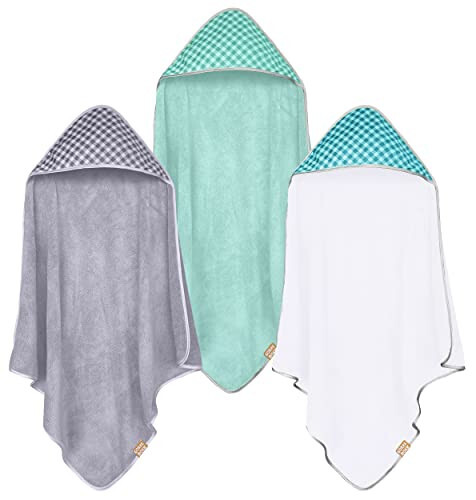 CORAL DOCK 3 Pack Baby Hooded Bath Towel Sets, Ultra Absorbent Baby Essentials Item for Newborn Boy Girl, Baby Bath Shower Towel Gifts for Infant and Toddler - Classic Neutral Plaid - 36