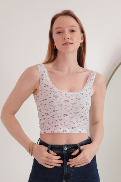 Corset Fabric Floral Lace Collar Women's Crop Top - Lilac - 1