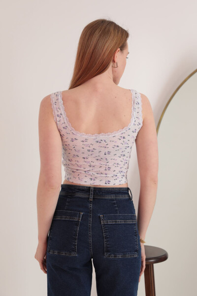 Corset Fabric Floral Lace Collar Women's Crop Top - Lilac - 2