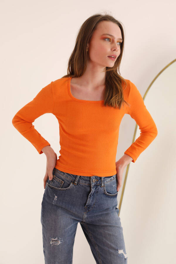 Corset Fabric U-Neck Long Sleeve Women's Blouse - Orange - 2