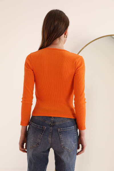 Corset Fabric U-Neck Long Sleeve Women's Blouse - Orange - 4