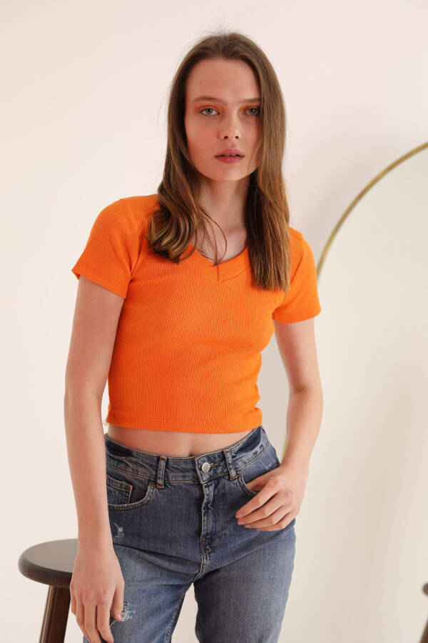 Corset Fabric V-Neck Short Sleeve Women's Blouse - Orange - 2